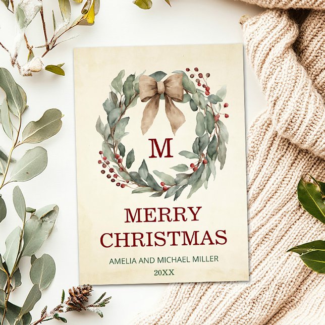 Fotokort för vattenfärgskrans God jul Inbjudningar (Photo Vintage Wreath Boho Merry Christmas Flat Card)