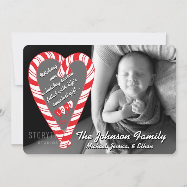 Fotokort: Helgdag: candy cane Heart Photo Julkort (Framsida)