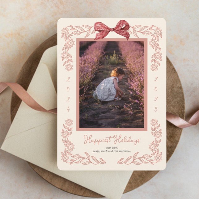 Fotokort med Flower Framed Helgdag Bow Julkort (Skapare uppladdad)