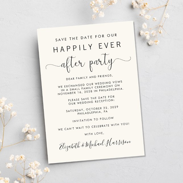 Fotokream för bröllopsmottagning Spara datumet Meddelande (A stylish save the date announcement for a reception to celebrate your elopement or private wedding)