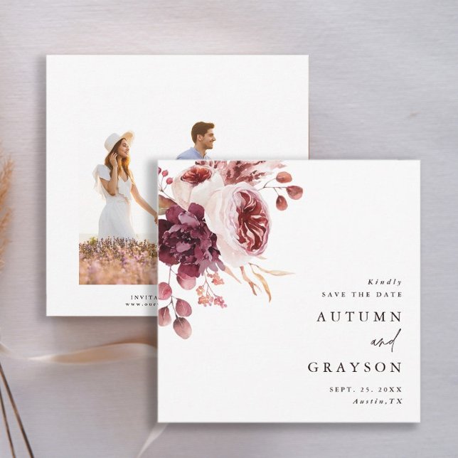Fotokvadrat med Blommigt Bröllop hösten Romantik Spara Datumet (Front & Back)