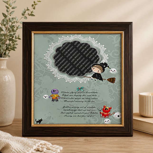 Fotolåda med häxa, monster, spöke, katt kakelplatta (Photo Frame with Witch, Monsters, Ghost, Cat Tile)