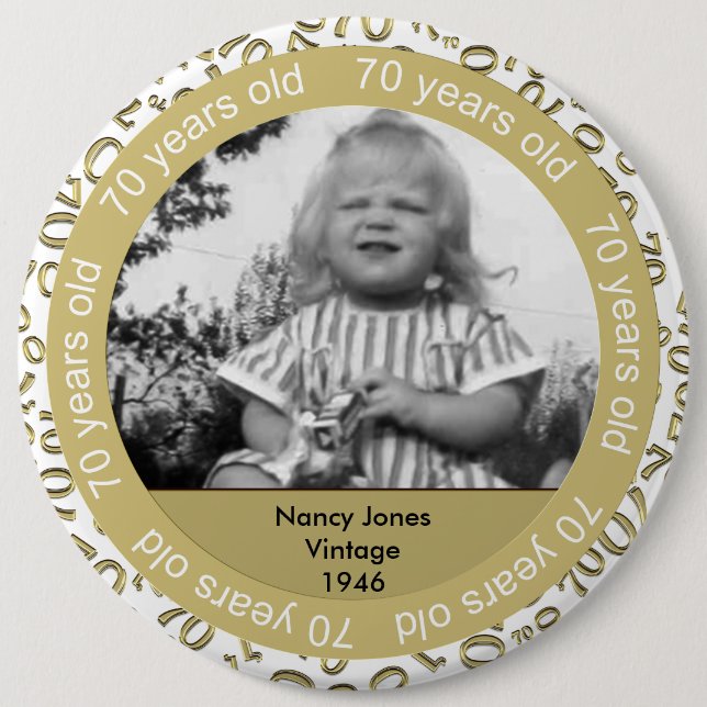 Fotomall: 70:e födelsedagen Guld och vit tema Knapp (Framsida)