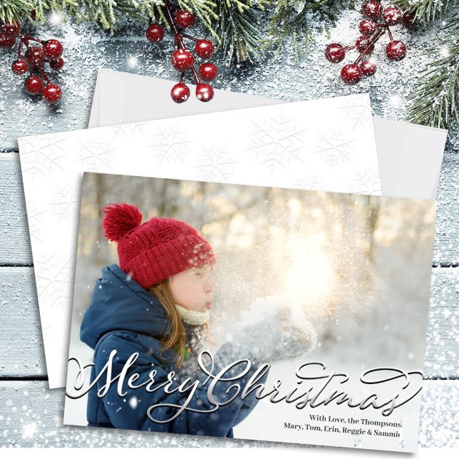 Fotomall för God jul-skript Julkort (Merry Christmas Calligraphy Script Stylish Silver Photo Holiday Card)