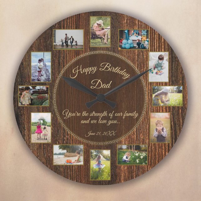 Fotomall för grattis på födelsedagen Pappa Rustic  Stor Klocka (Happy Birthday Dad Rustic Wood Photo Template Large Clock)