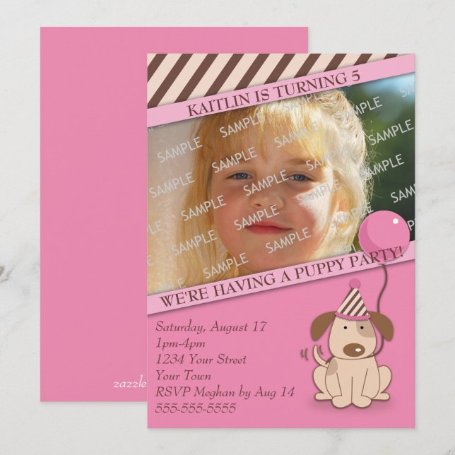 Fotomall för Rosa Puppy Party Inbjudningar (Fram/baksida)
