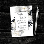 Fotomall för svarta och vita blommor spara datumet<br><div class="desc">Svart och vit boho-blommor pampas-gräs elegant bröllop sparar den redigerbara mallinbjudan omedelbart digitalt nedladdad med foto bakåt</div>