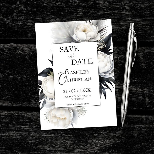 Fotomall för svarta och vita blommor spara datumet (Black and white peony flowers pampas grass photo editable template save the date card digital downlo)