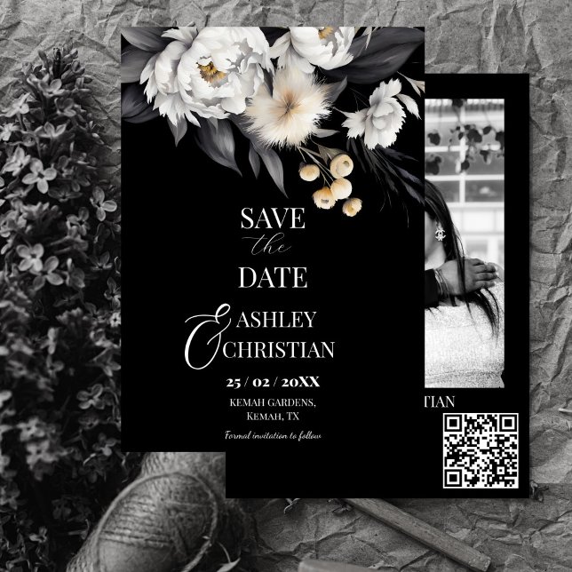 Fotomall för svartvit elegant spara datumet (Black and white elegant boho editable photo template save the date modern qr details save the date)