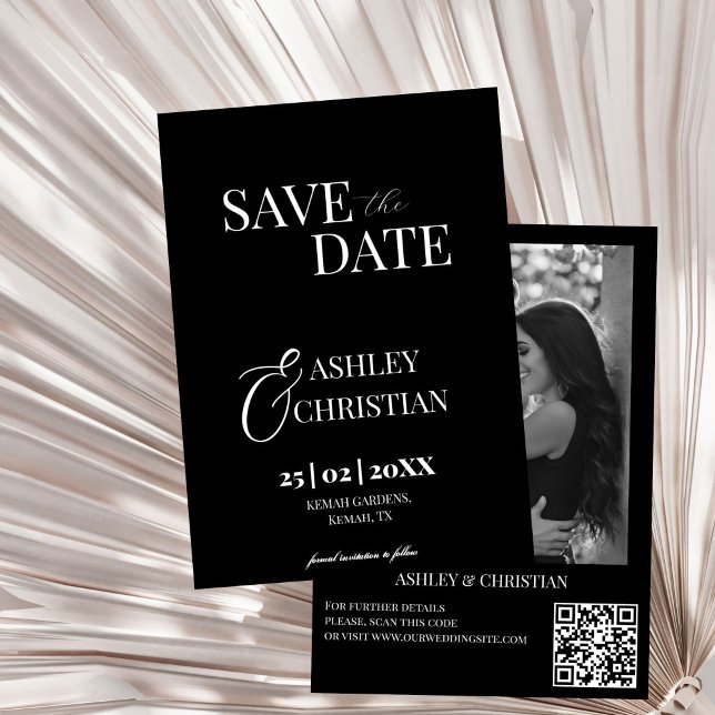 Fotomall för svartvit enkel elegant spara datumet (Black and white simple elegant minimalist photo template save the date card black wedding cards)