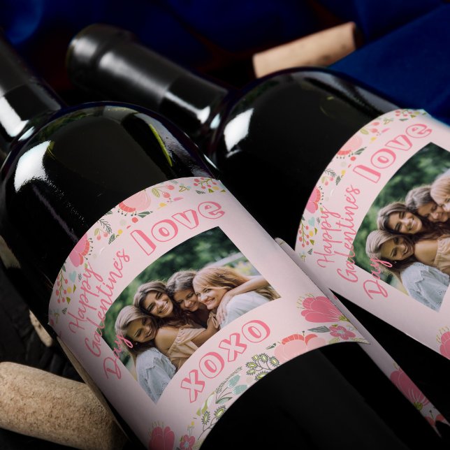Fotomall rosa blommigt Lycklig Galentines Day Vinflaska Etikett (Skapare uppladdad)