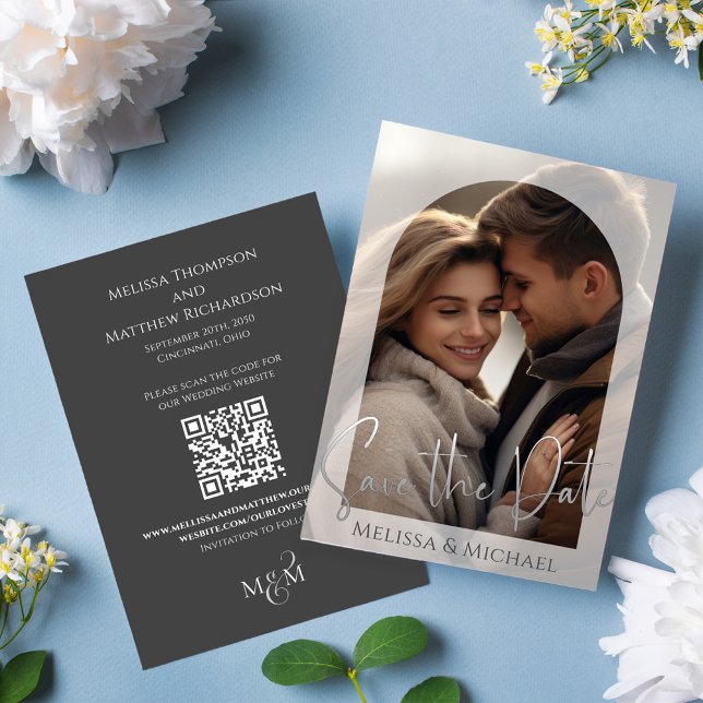 Fotomatningsmall Elegant bröllop Spara Datumet (Elegant Wedding Save the Date photo card with scannable QR Code. )