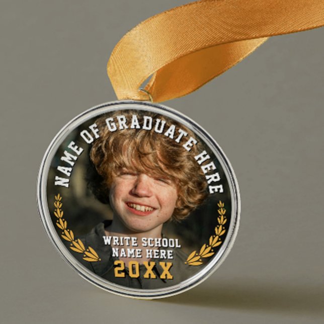 Fotomedalj i Modern Modern Gult School Grad Guld Julgransprydnad Metall (Skapare uppladdad)