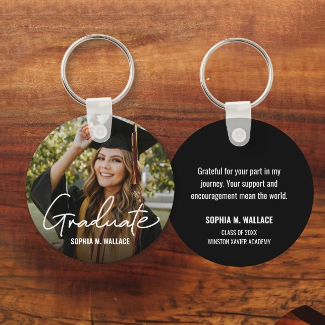 Fotomeddelande för enkel modern Anpassningsbar i S Nyckelring (Custom Graduation favor keychains with photo, name, message, school and class year.)