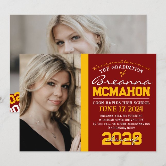 Fotomeddelande Maroon & Guld Studenten 2 Inbjudningar (Fram/baksida)