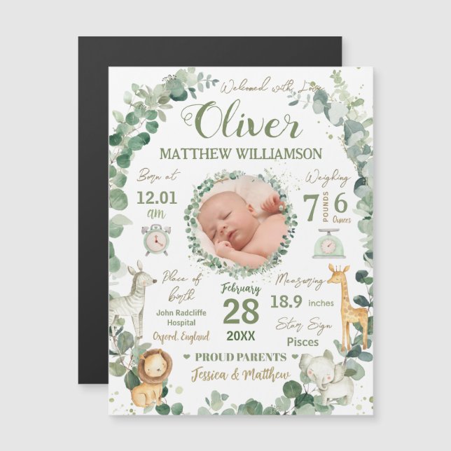 Fotomeddelande om jungle Animals Baby Birth Stats (Fram/baksida)