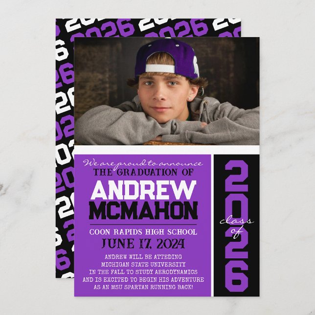 Fotomeddelande om lila och svart Studenten Inbjudningar ( Repeating Class Year 1 & 2 Photo Graduation Invitations & Announcements)