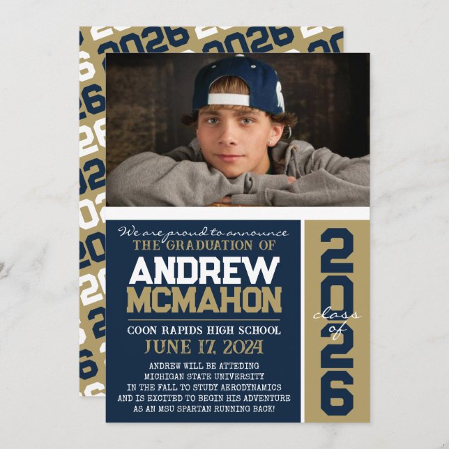 Fotomeddelande om marin och bronze Modern Studente Inbjudningar (Fram/baksida)