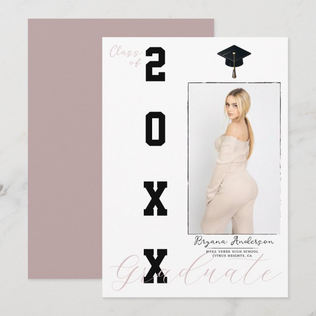 Fotomeddelande om rosa och svart Studenten Inbjudningar (Fram/baksida)