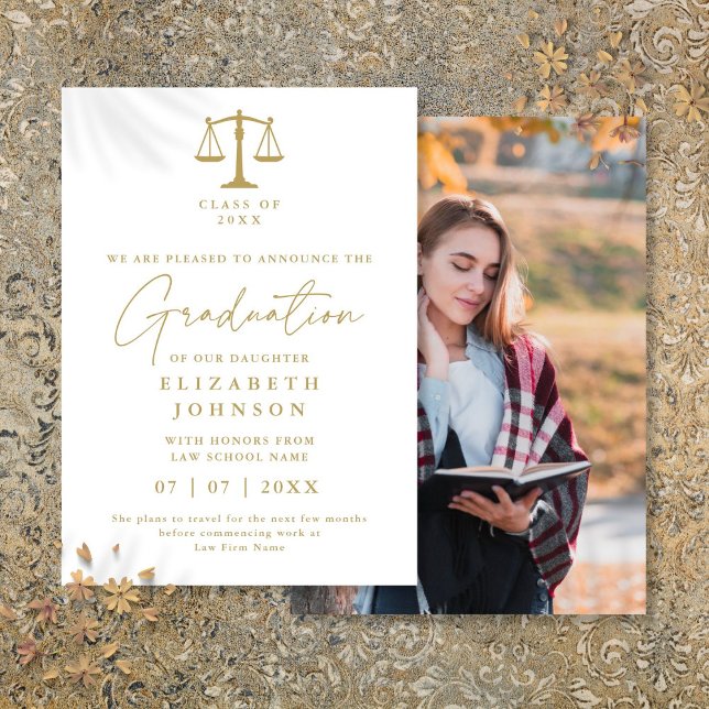 Fotomeddelande om White and Guld Law Studenten Inbjudningar (White And Gold Law Graduation Photo Announcement)