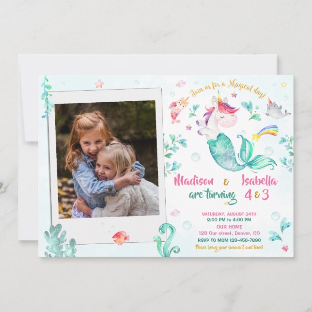 Fotomermicorn-födelsedagsinbjudan för två flickor inbjudningar (Framsida)