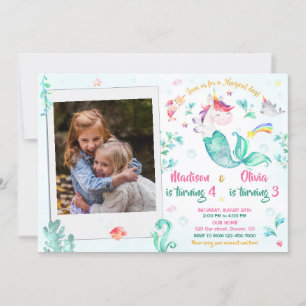 Fotomermicorn-födelsedagsinbjudan för två flickor inbjudningar