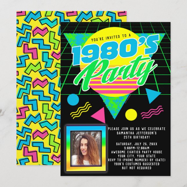 Fotometrisk 1980s Retro-Födelsedagsfest på 80 seku Inbjudningar (Fram/baksida)
