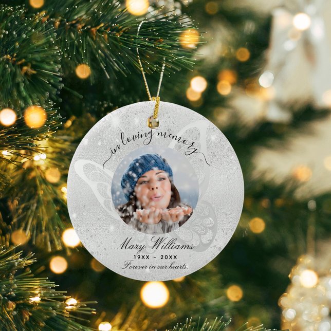 Fotominnesmärke över fjärilsmusslafen silver glitt julgransprydnad keramik (Skapare uppladdad)