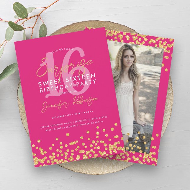 Fotomistlig shock rosa 16, fotopsyta 16, Guld Glit Inbjudningar (Hot Pink Gold Glitter Photo Surprise Sweet 16 Invitation)