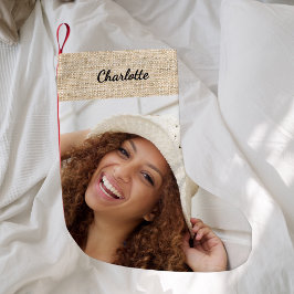 Fotomodern Beige burlap namn Liten Julstrumpa