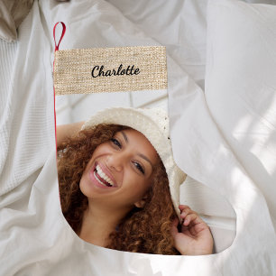 Fotomodern Beige burlap namn Liten Julstrumpa