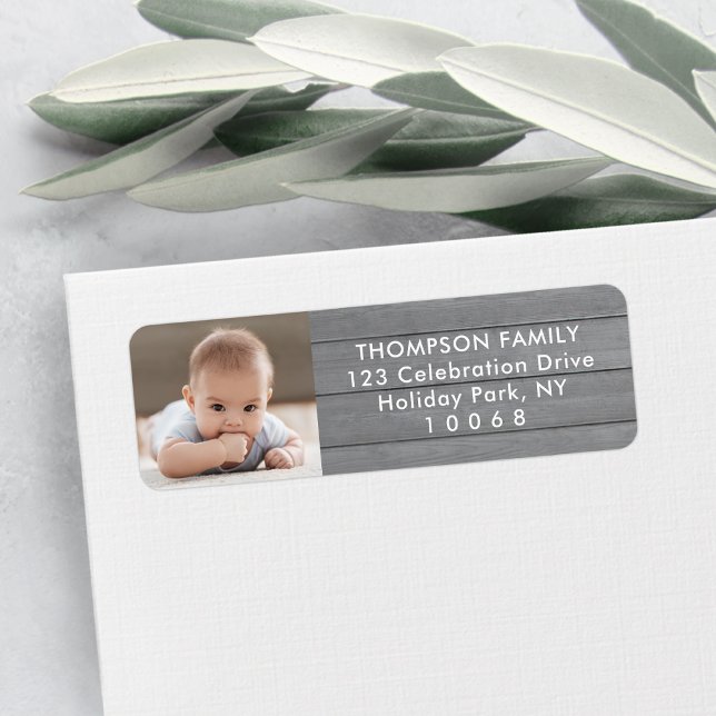 Fotomodern Farmhouse Grått Wood Returadress Etikett (Skapare uppladdad)