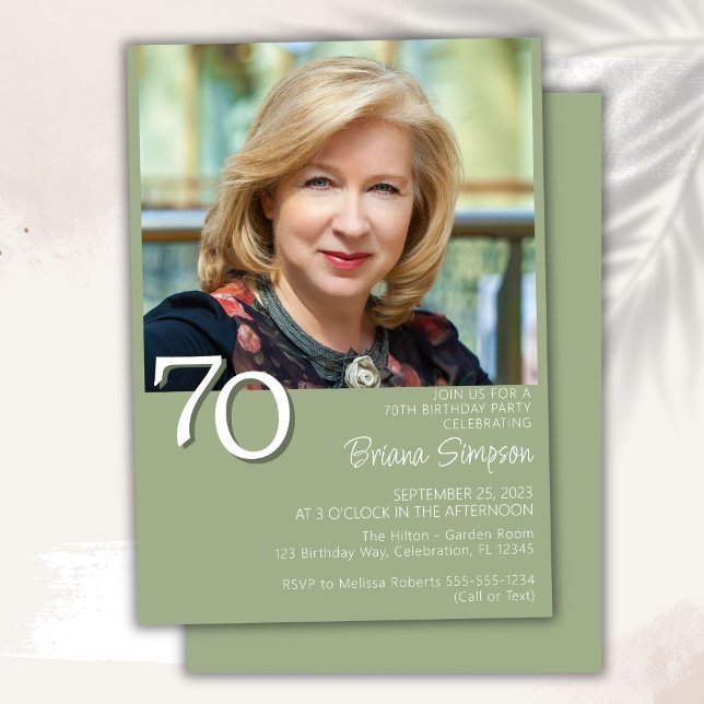 Fotomodern, minimalistisk Grönt 70:e födelsedag Inbjudningar (Skapare uppladdad)
