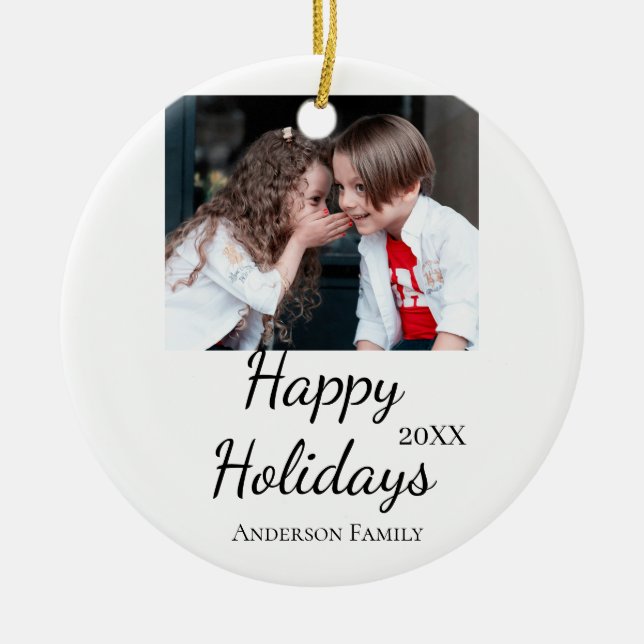 Fotomodern presenttext i familjen glad helg Barn Julgransprydnad Keramik (Framsidan)