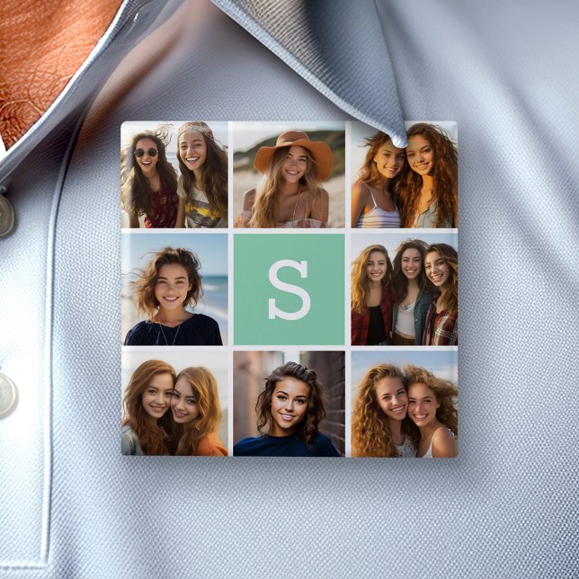Fotomontage Anpassad Monogram Mintgrön Knapp (Custom Photo Button)
