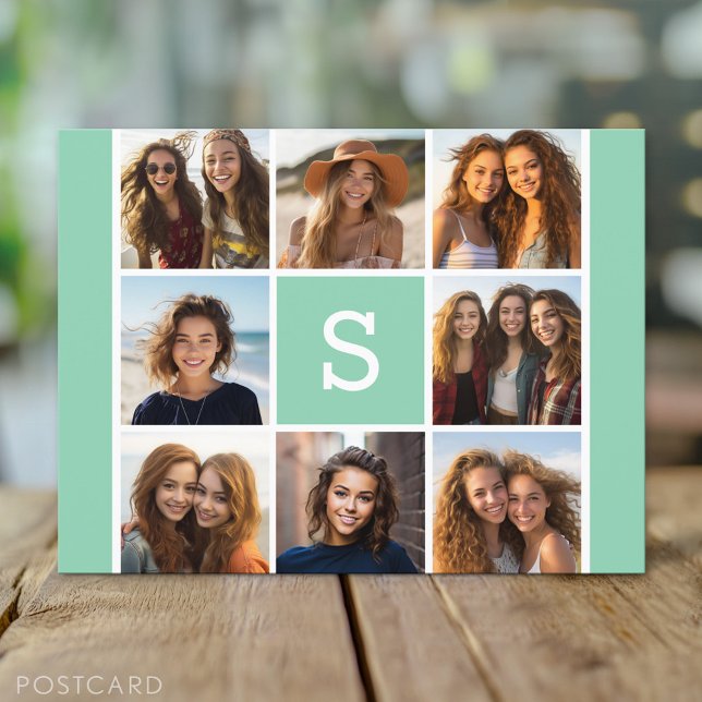 Fotomontage Anpassad Monogram Mintgrön Vykort (Custom Personalized Photo Collage Postcard)
