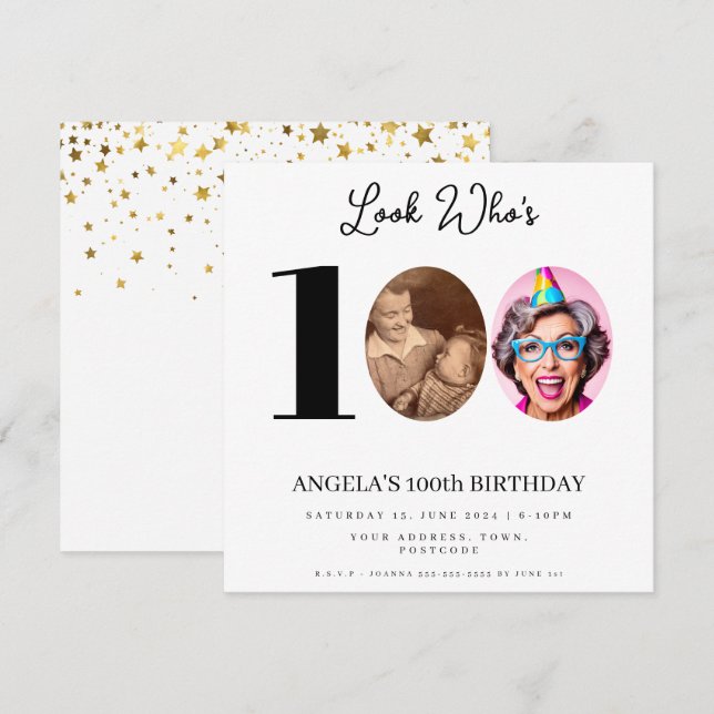 fotomontage Födelsedagsfest 100 år gammal Inbjudningar (Fram/baksida)