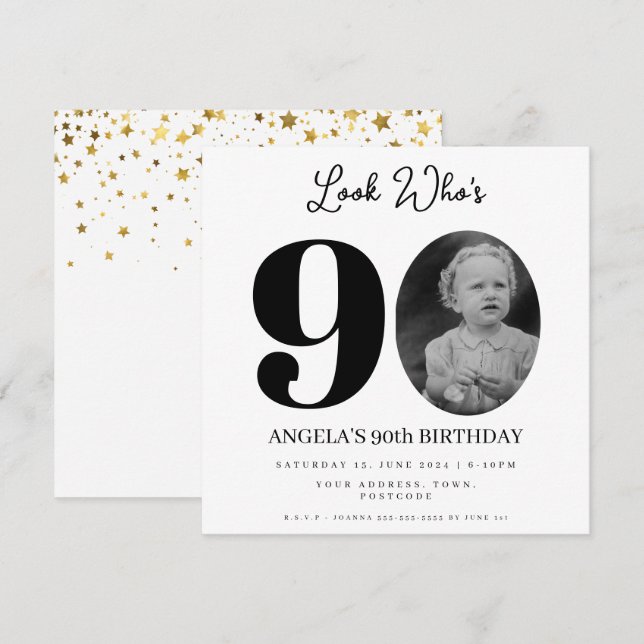 fotomontage Födelsedagsfest 90 år gammal Inbjudningar (Fram/baksida)