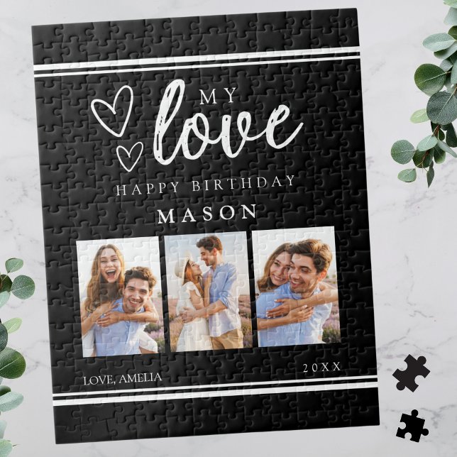 Fotomontage Modern Svart Glad Födelsedag Pussel (Photo Collage Modern Black Happy Birthday Jigsaw Puzzle)