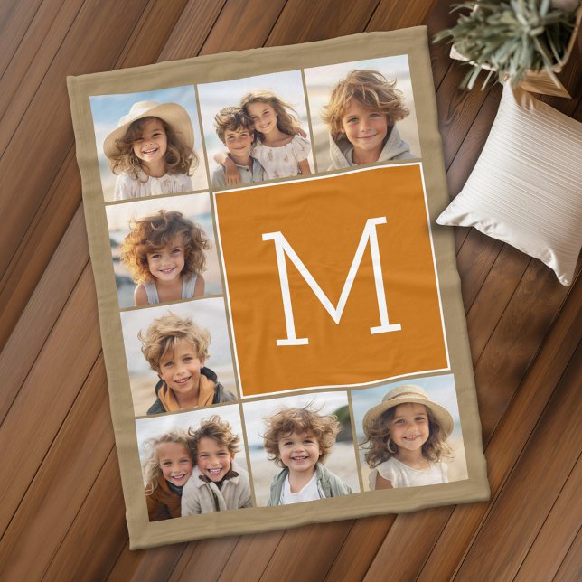 Fotomontage Monogram Rustic Kraft och Orange Fleecefilt (Personalized fleece blanket with 8 photos and a monogram)