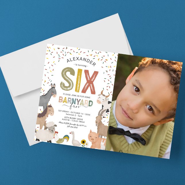Fotomötbar gård 6-års födelsedagsinbjudan inbjudningar (Skapare uppladdad)