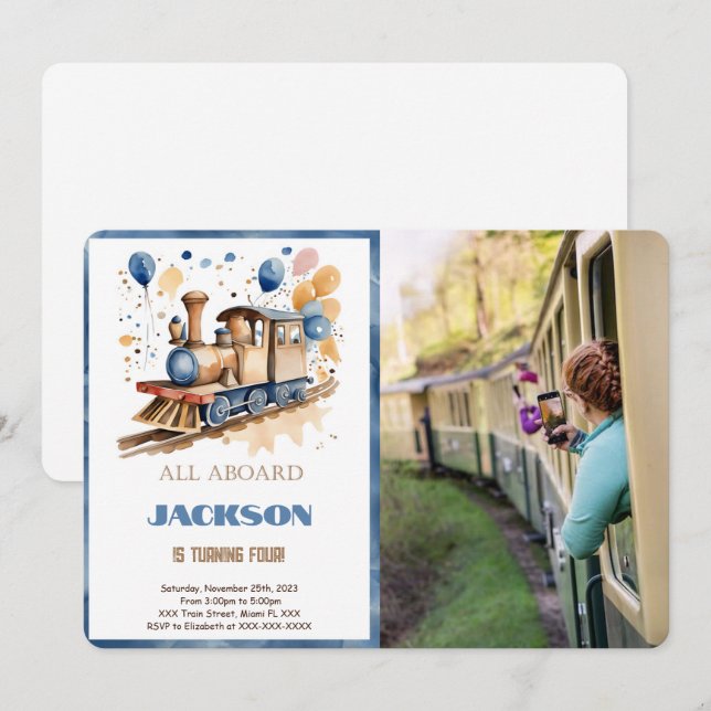 Foton 4e födelsedagen Tåg Inbjudningar (Fram/baksida)