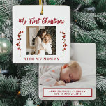 Foton baby 2 och mamma 2, första jul julgransprydnad keramik<br><div class="desc">Baby första jul med mamma unika keepsaké träd ornament med röda bär grenar,  dina anpassningsbar 2-foton och röd modern typografitext.            Kan vara en vacker julklapp för ett nytt mor.</div>