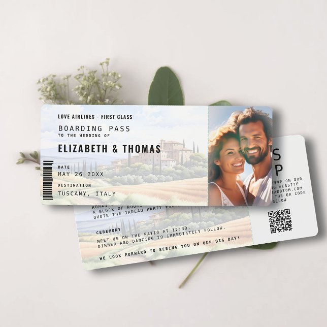 Foton Bröllop på Tuscany Destinationsboardingkorte Inbjudningar (tuscany destination wedding invitation boarding pass all in one qr code photo template)