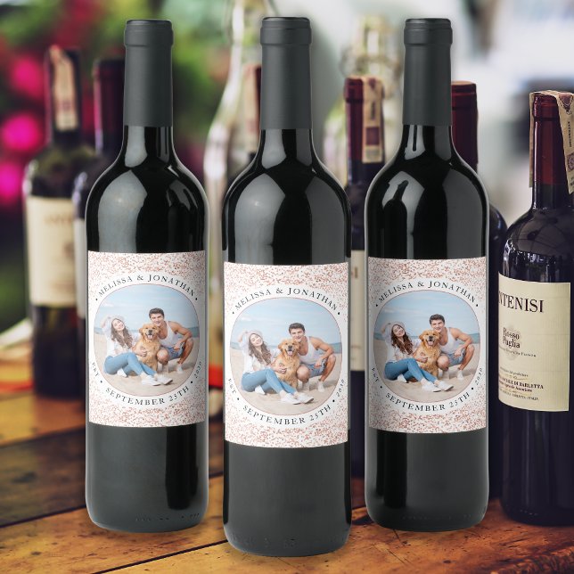 Foton bröllop Personlig Ro Guld Glitter Vinflaska Etikett (Skapare uppladdad)