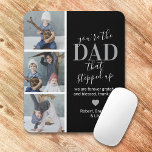 Foton fars dag Step pappa Musmatta<br><div class="desc">Snyggtens svarta stympad med fyra bilder av barnen,  meddelandet "du är pappa som steg upp",  ett personlig som du kan behålla eller byta till ditt eget,  ett sött hjärta och dina barn namn.</div>