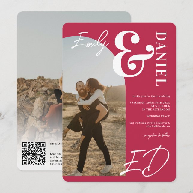 Foton fet namn-skript - båge magenta bröllop inbjudningar (Fram/baksida)