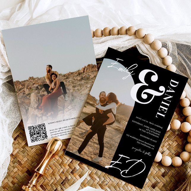 Foton fet namn-skript, svart bröllop inbjudningar (Photos bold names script arch black wedding invitation)