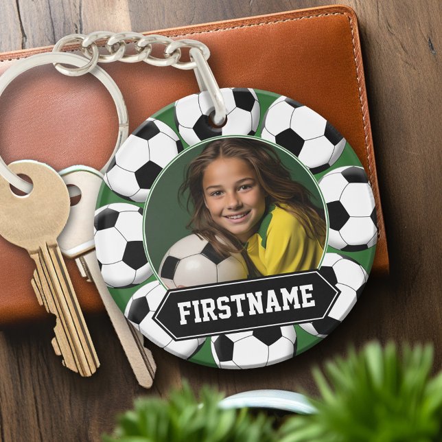 Foton för fotbollsspelare eller spelare - grönt (Personalized keychain with photo and soccer balls)