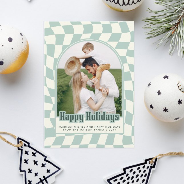 Foton för Glad helg i Retro Groovy Checkated (Retro Groovy Checkered Happy Holidays Photo Holiday PostCard)